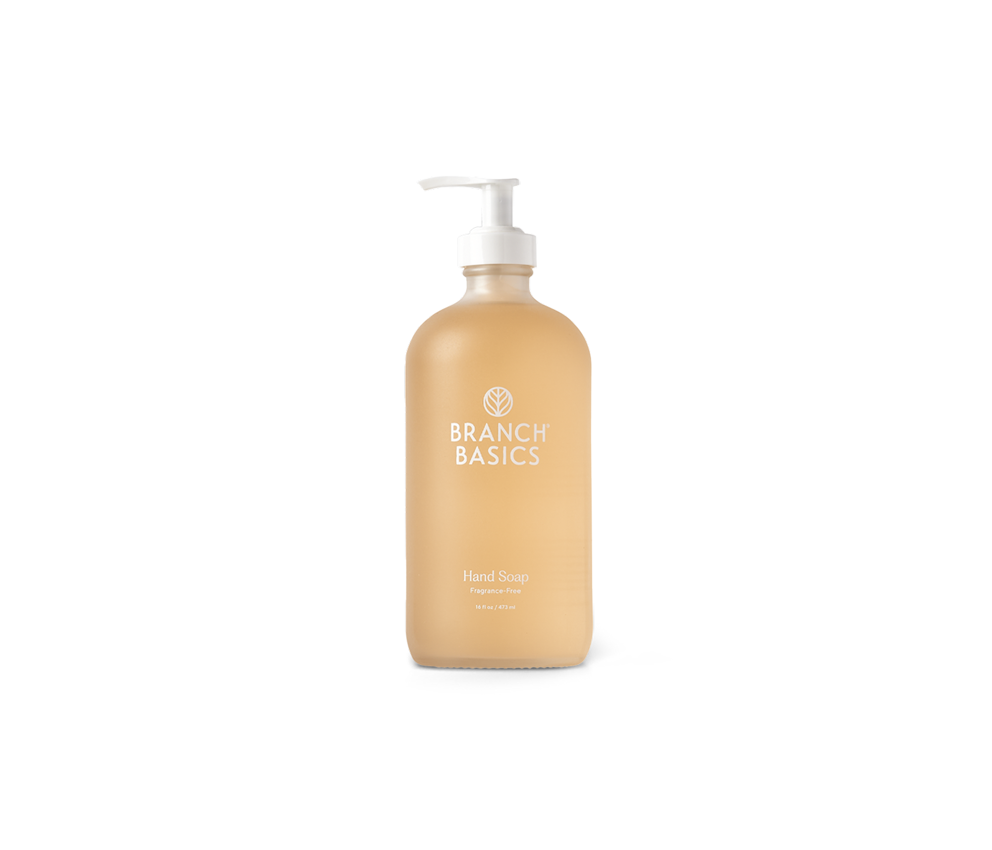 A glass bottle of Branch Basics Gel Hand soap, displayed on a transparent background. - View 2
