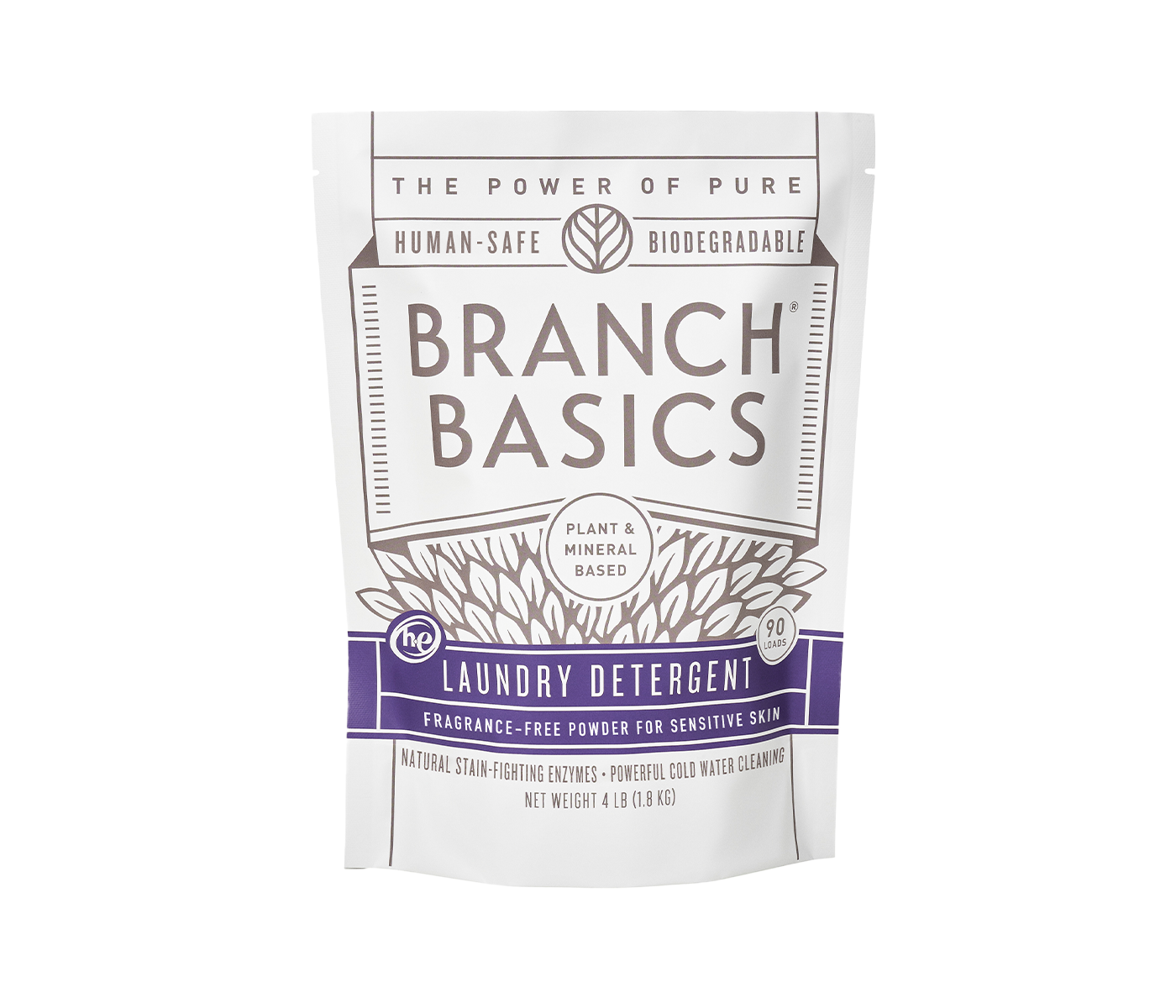 A pouch of Branch Basics Laundry Detergent powder. The packaging is white with purple and grey accents and text that highlights the product features, including 'plant-based formula' and 'human-safe, biodegradable'. - View 1
